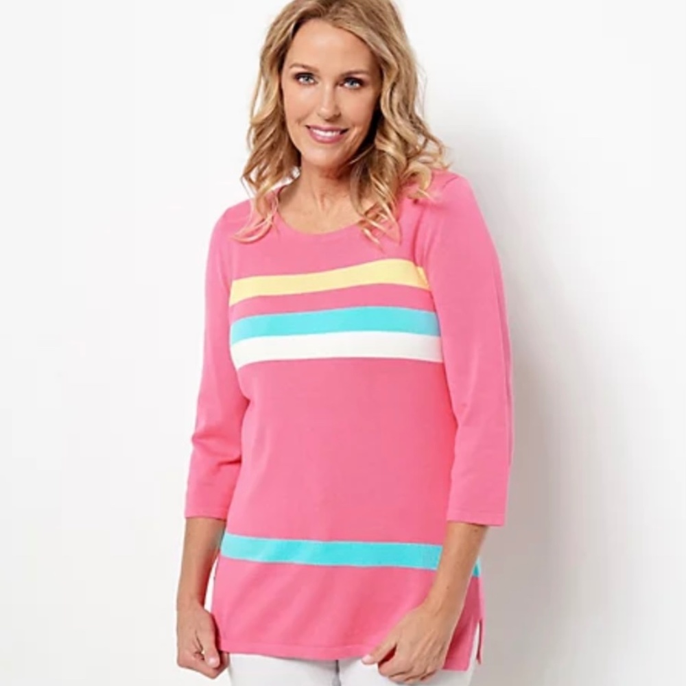 New Women’s Pullover Tunic Knit Sweater Belle Flattering Stripes Salmon Pink XXS